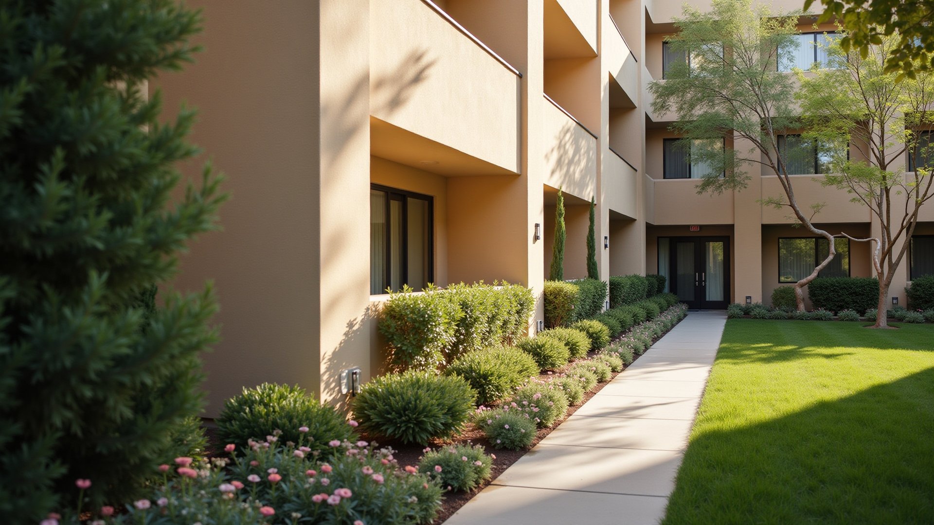 Landscaped residential courtyard in warm afternoon light