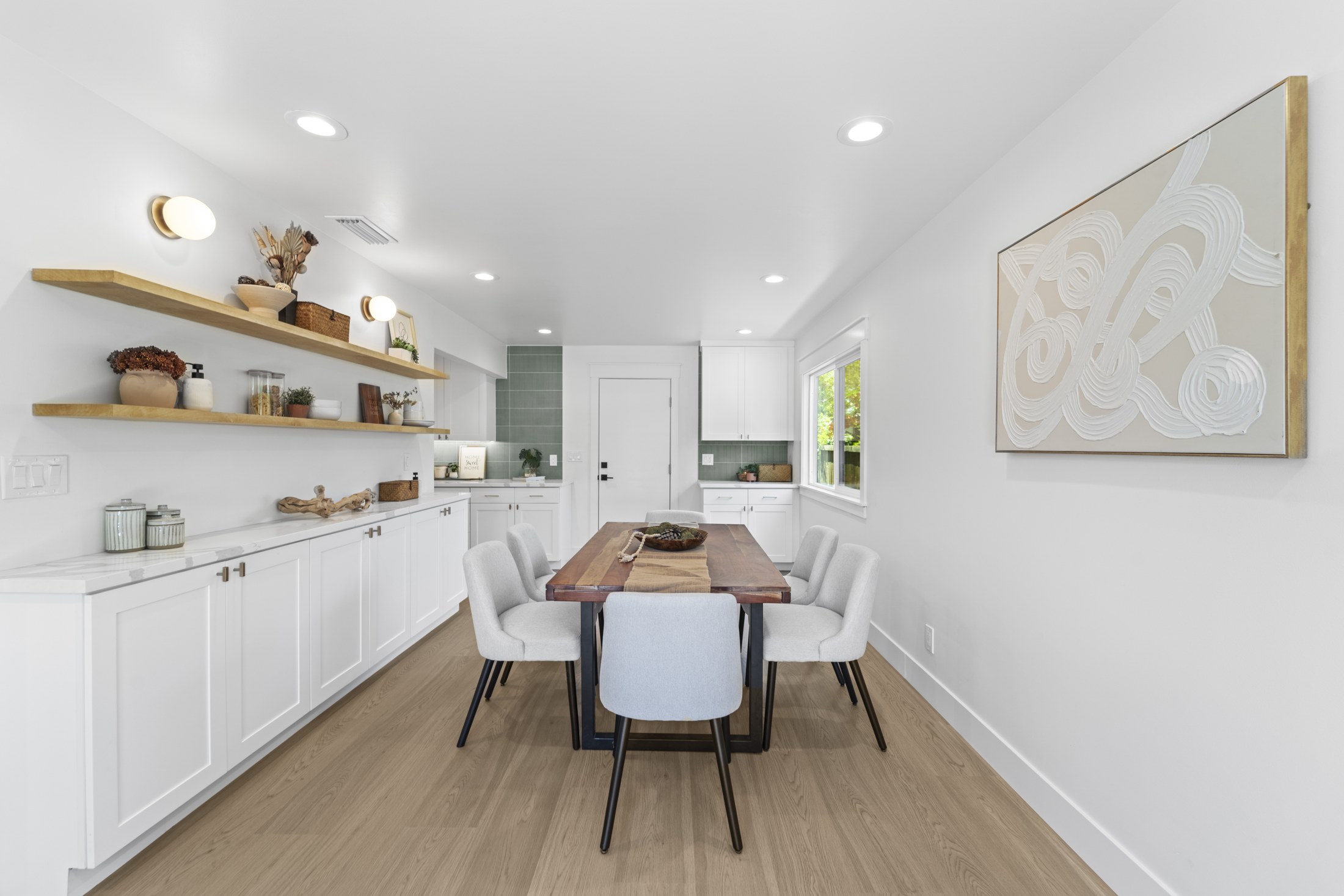 Dining room with built-in buffet and floating shelves