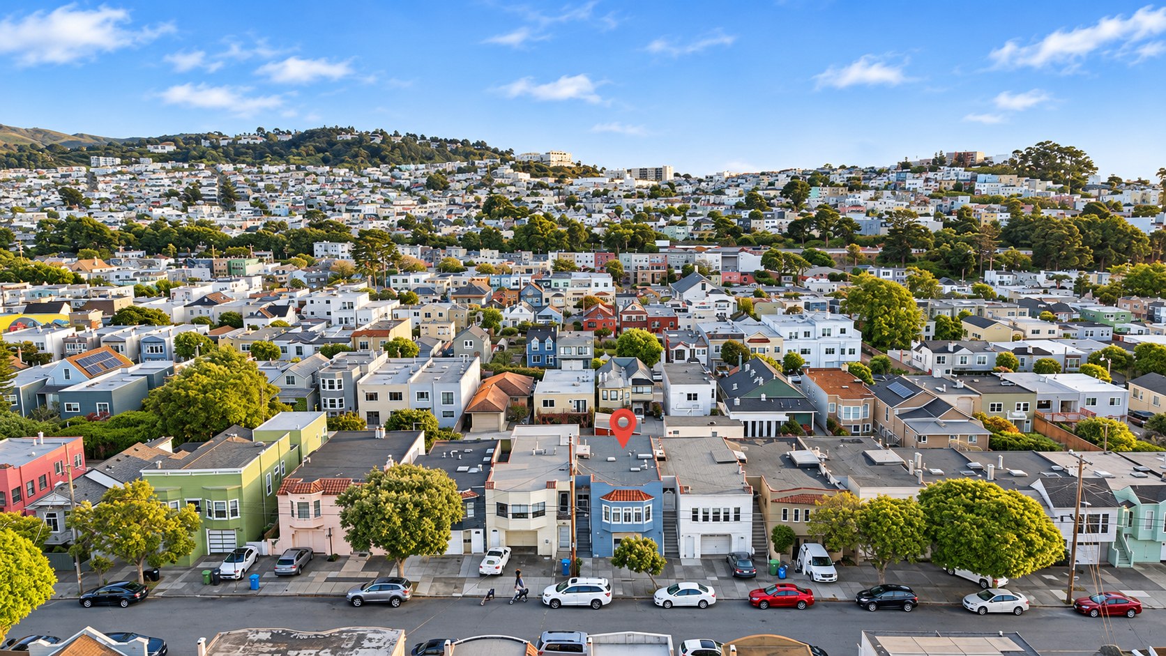Aerial view of the property and surrounding San Francisco neighborhood