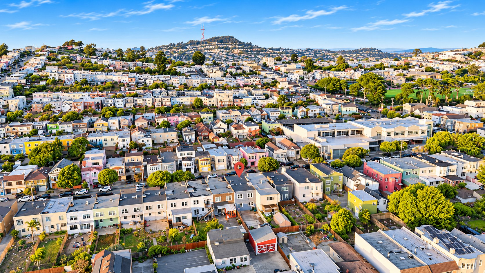 Aerial view of the property and surrounding San Francisco neighborhood