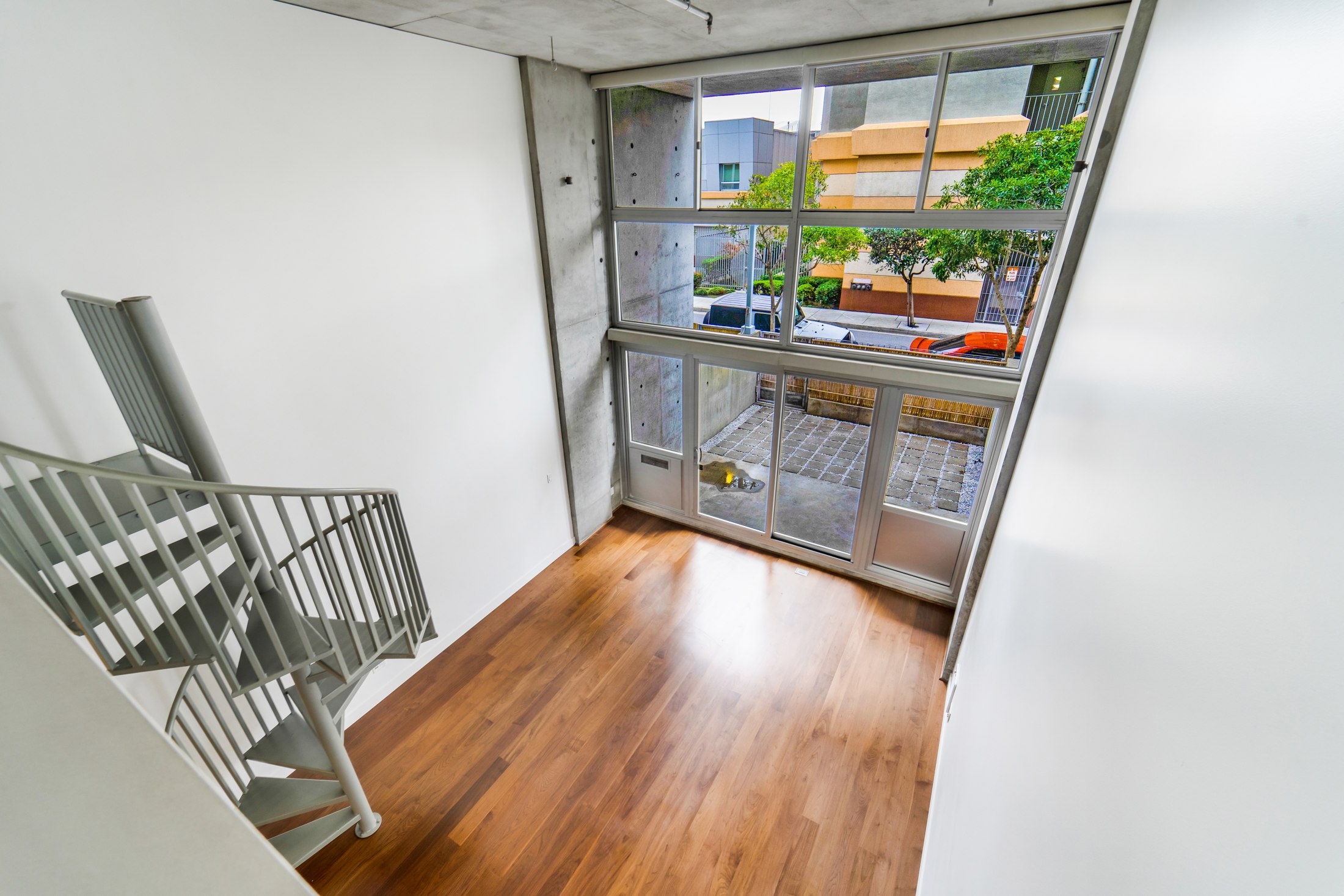 View down into the double-height living room