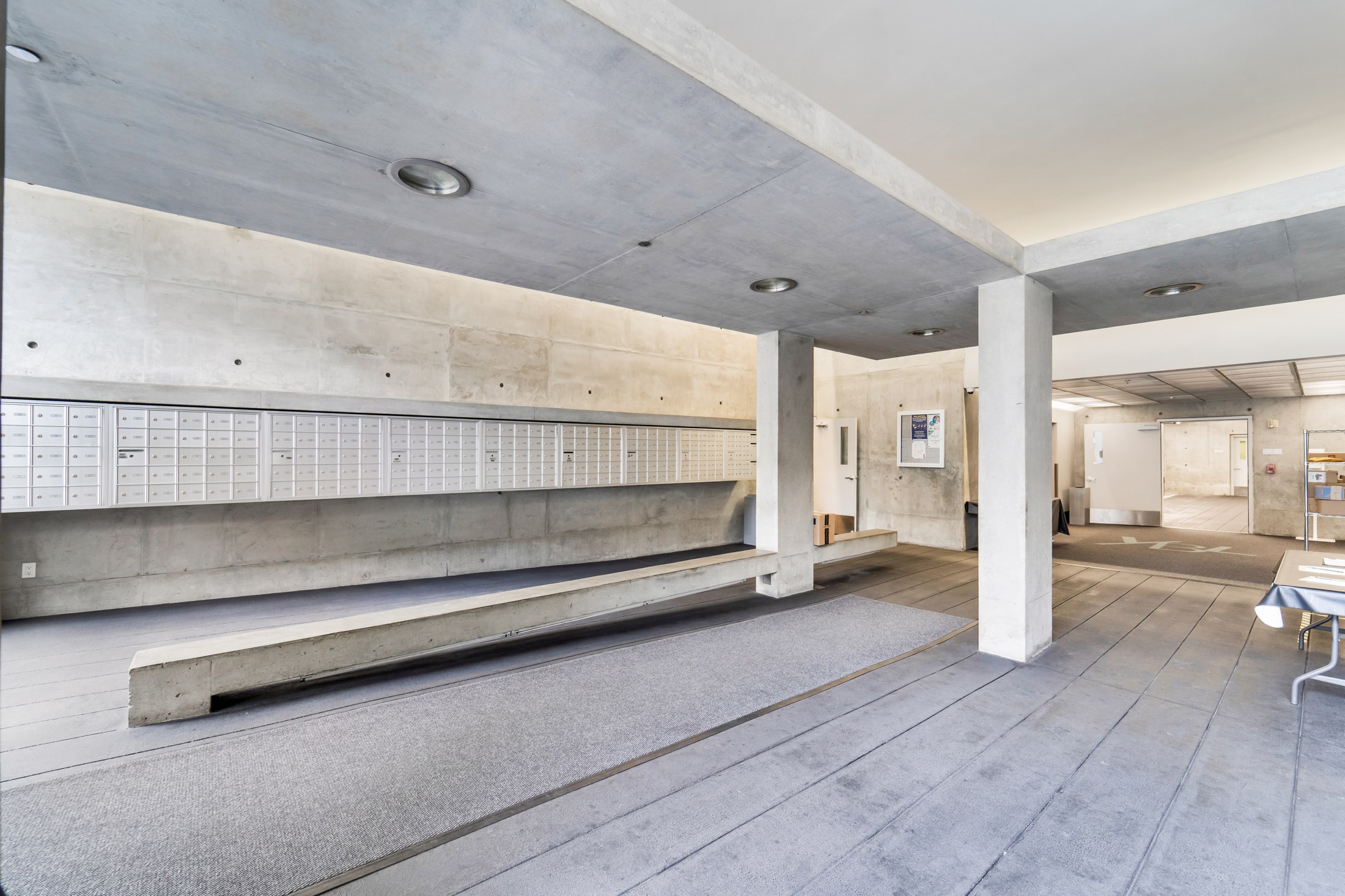 Lobby mailboxes and seating